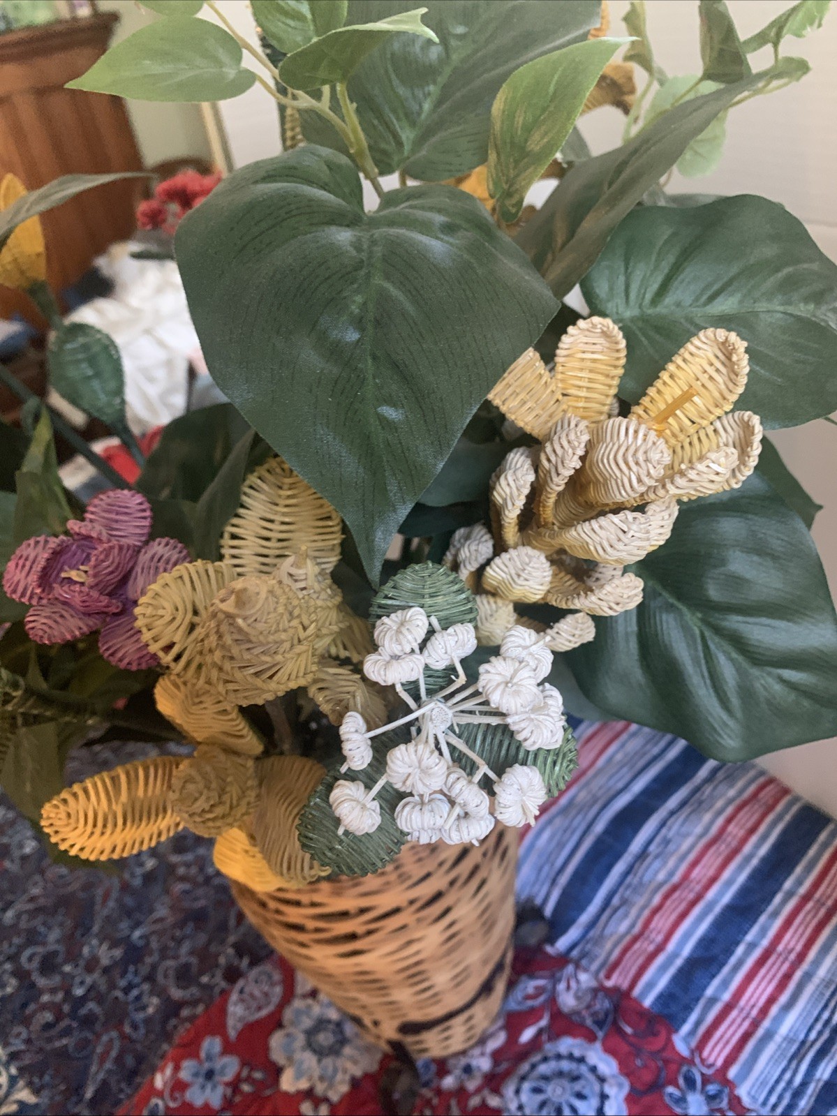Handcrafted RARE Artificial Flowers Made of Wicker Rattan- Vintage READ