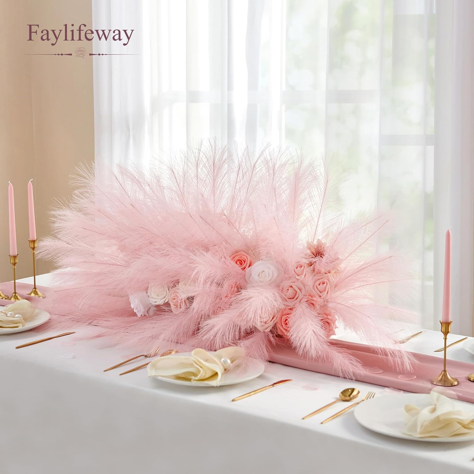 50 Pcs Artificial Pampas Grass Stems Pink Fluffy Decor for Living Room Wedding