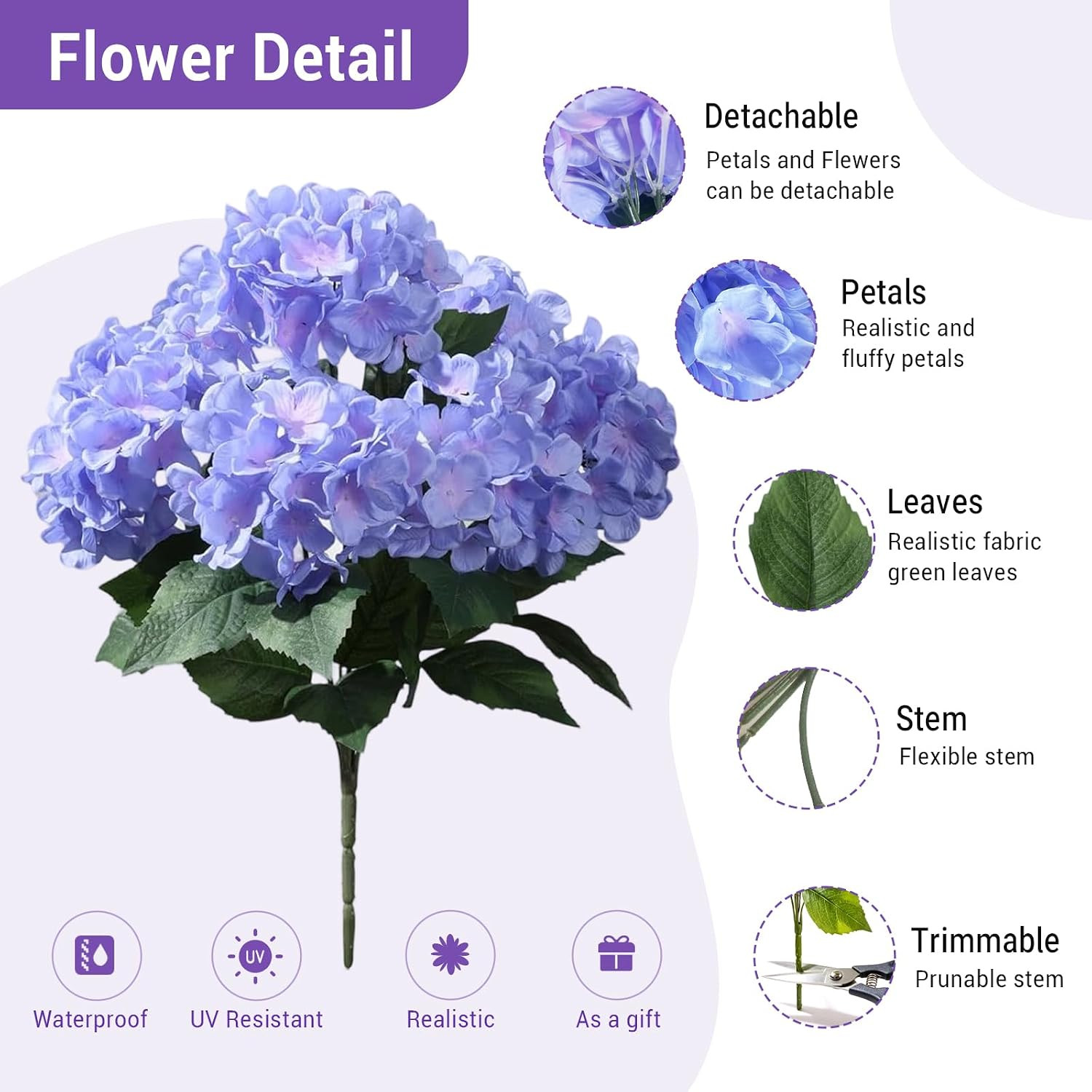 6 Pcs UV Resistant Purple Blue Silk Hydrangea Flowers for Outdoor Decor