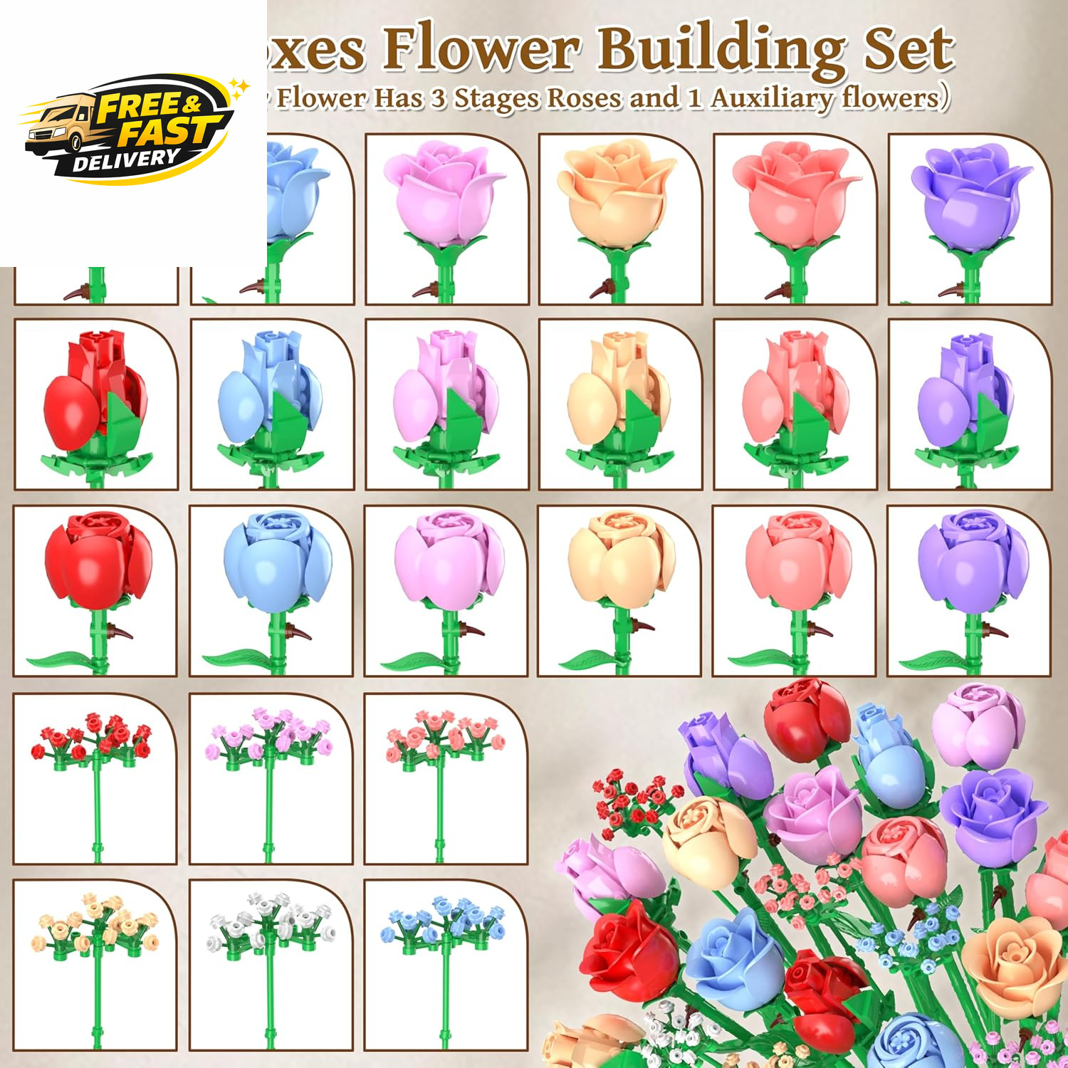 Colorful Rose Bouquet Flowers Building Set, 24 Boxes 1380Pcs Artificial Flowers