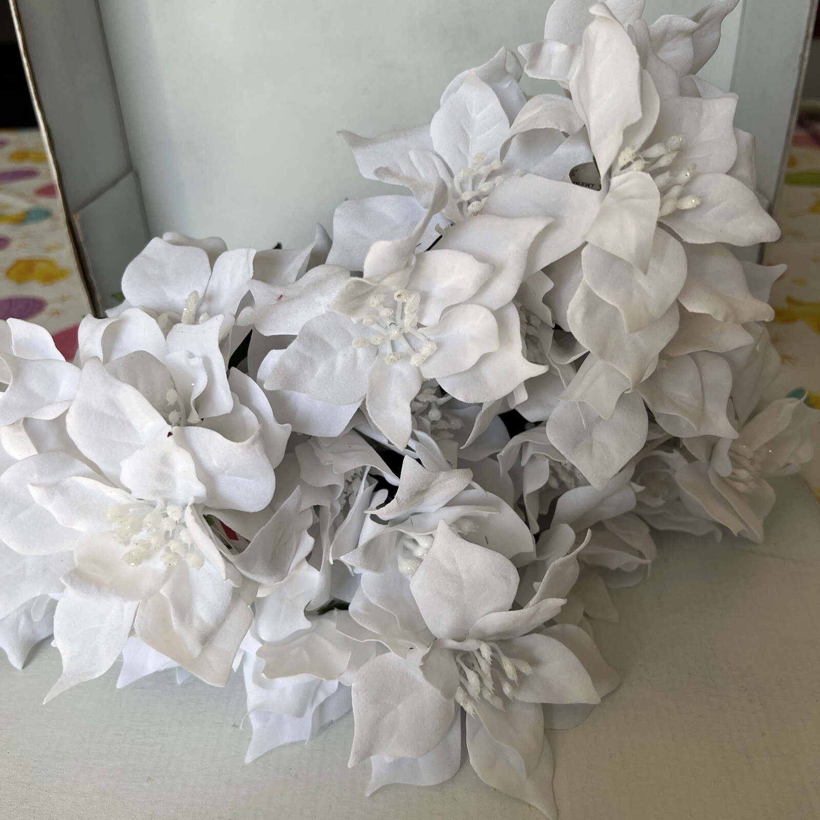 artificial flowers, white, new, approximately 12” tall, 4 Bunches
