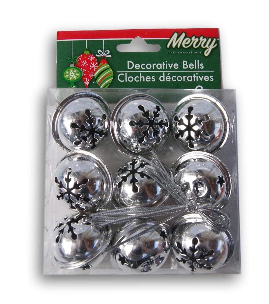 Christmas House Decorative Miniature Silver Jingle Bells – 9 Count Set of 2