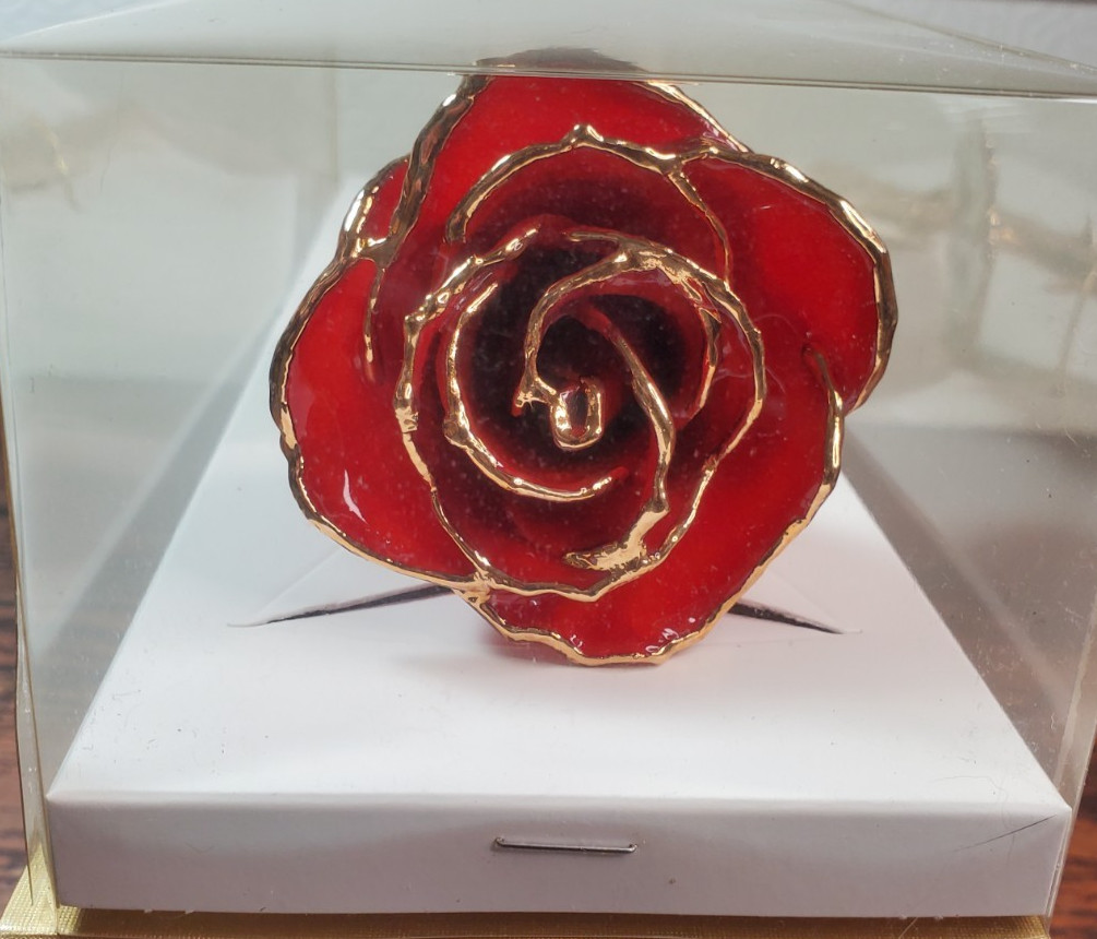 The Rose Lady, Red Rose Trimmed In 24KT Gold Preserved In Lacquer New In Box