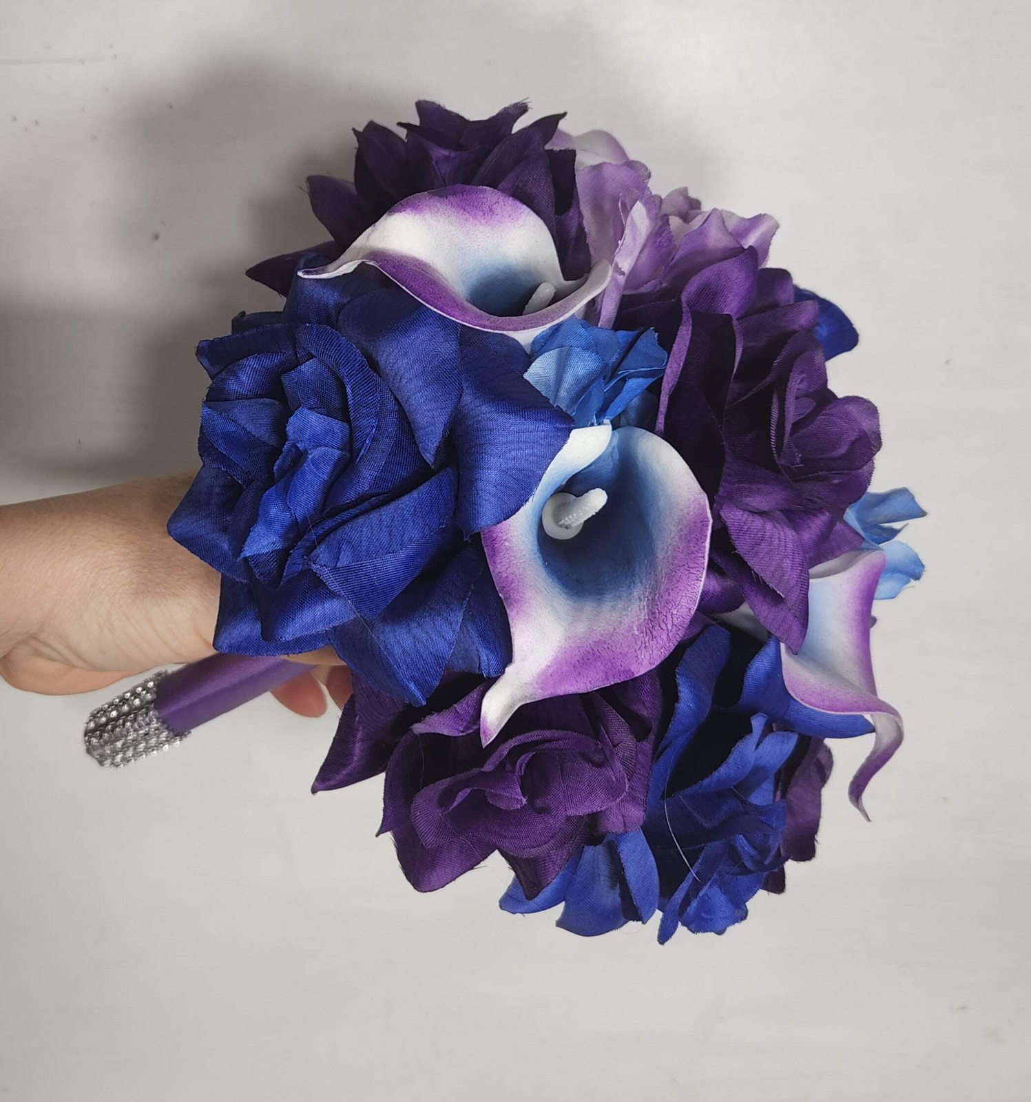 Purple Royal Blue Rose Calla Lily Bridal Wedding Bouquet Accessories