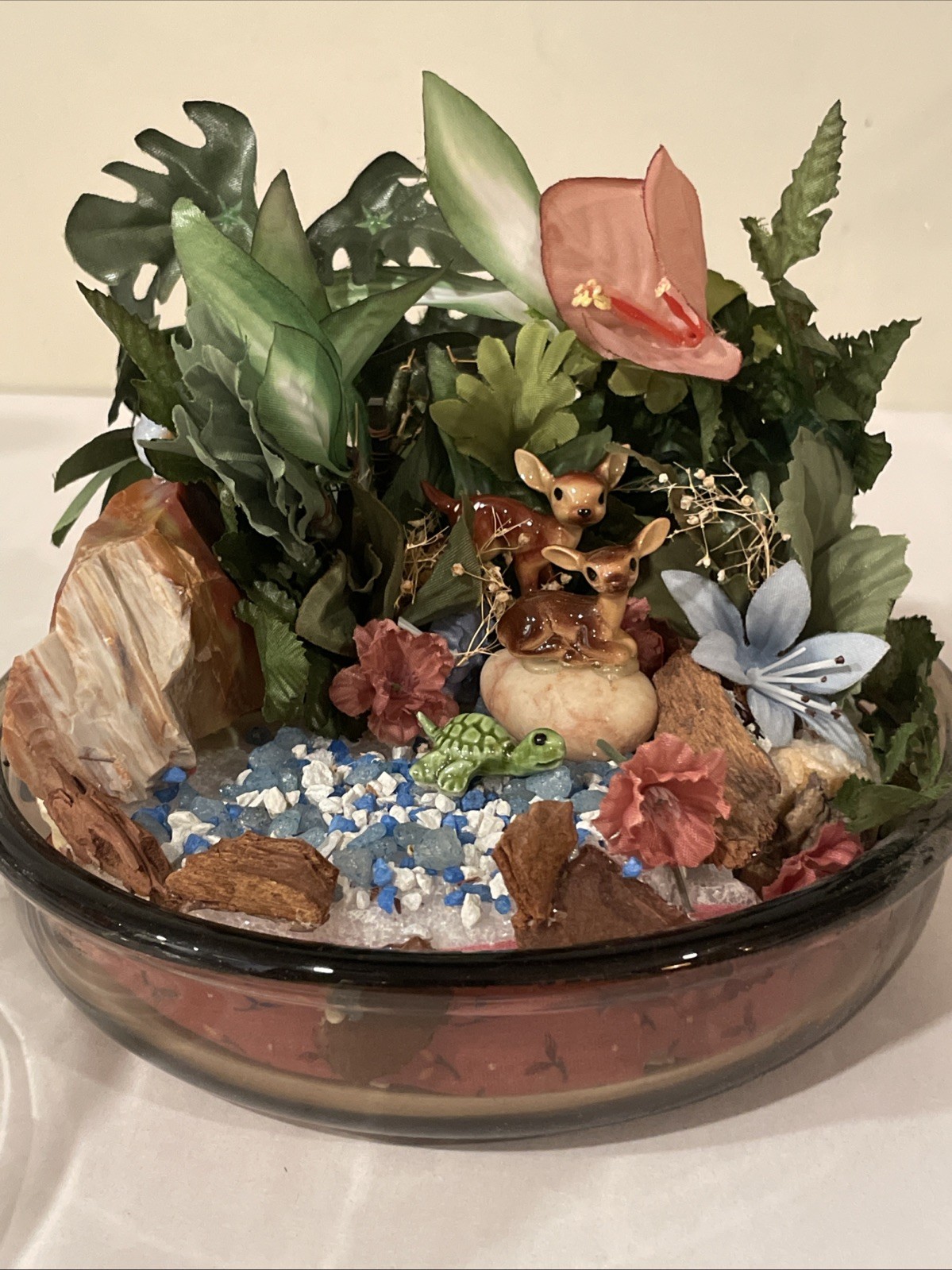 Vintage Glass Dome Terrarium Woodland Animals & Turtle 7”