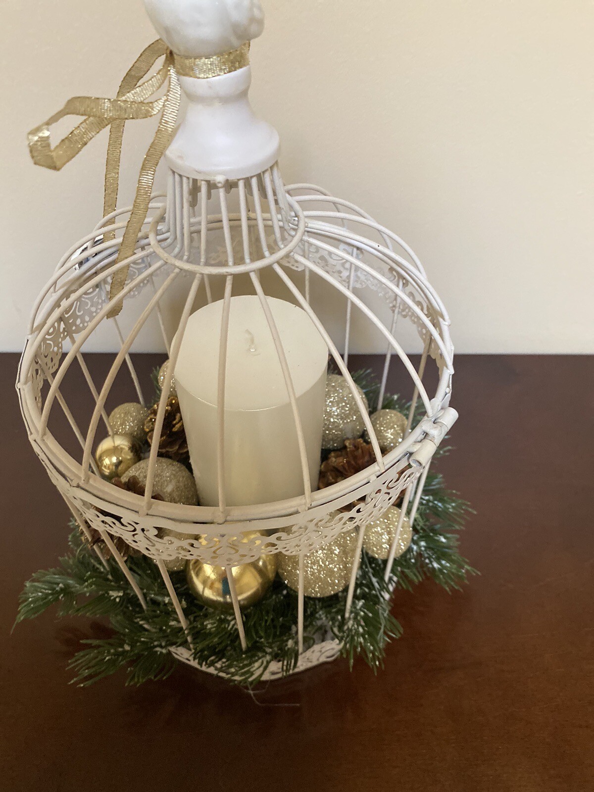 Vintage Christmas Birdcage with Gold Highlights & Pillar Candle