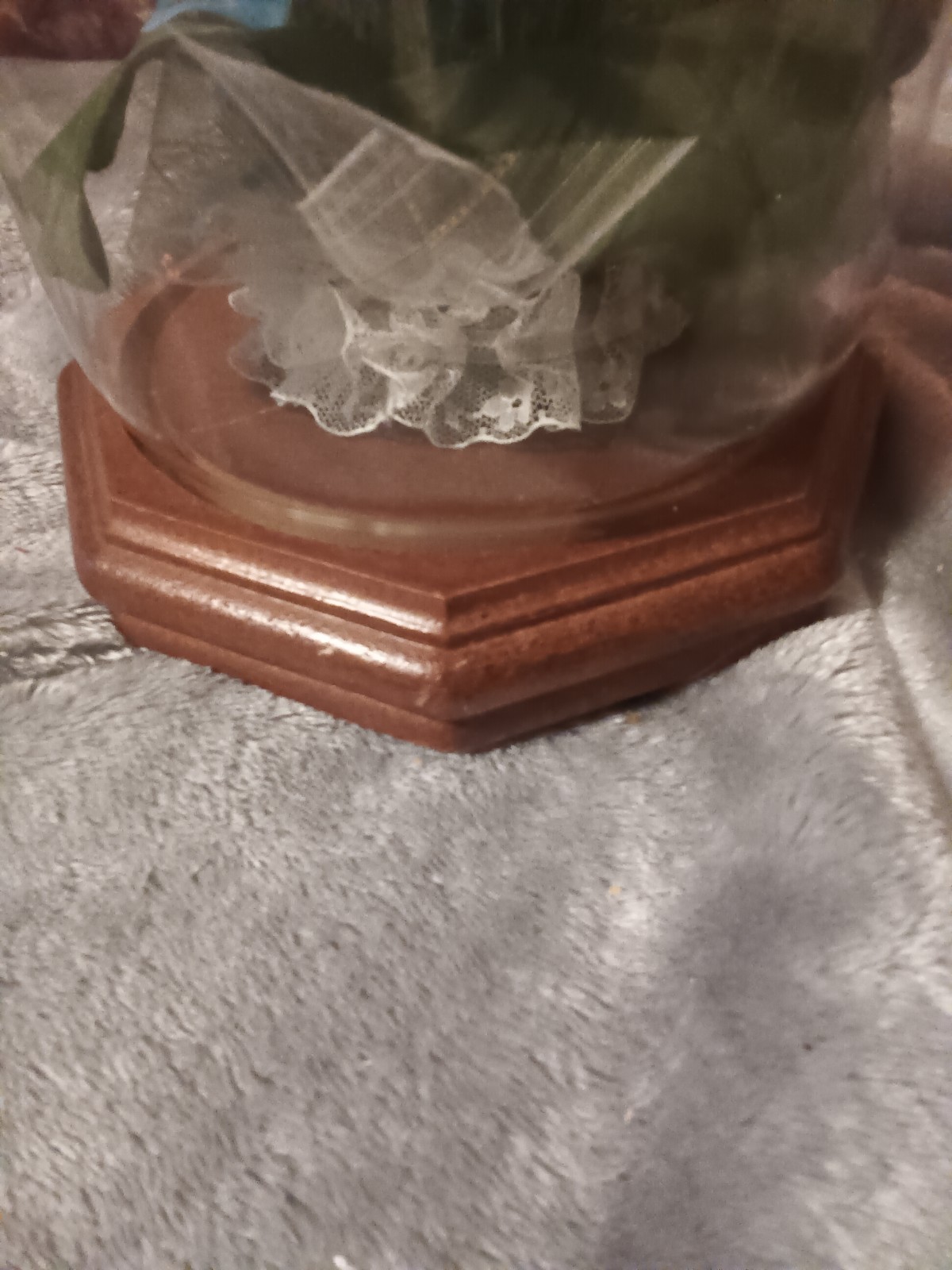 Glass dome blue,green and white artificial flower arrangement,wood base.