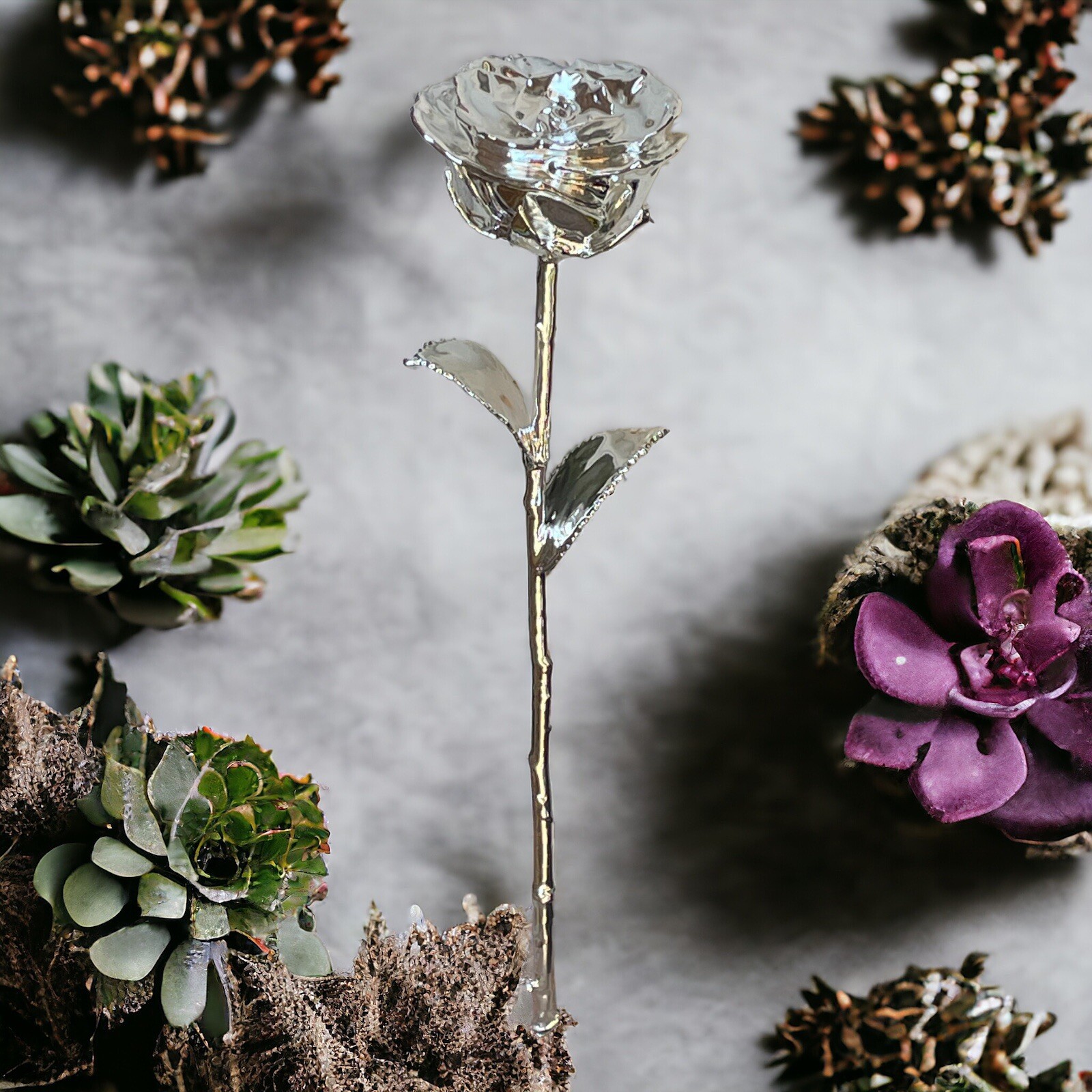 100% Real Rose Plated with Silver, Long Stem, 11.5 Inches.