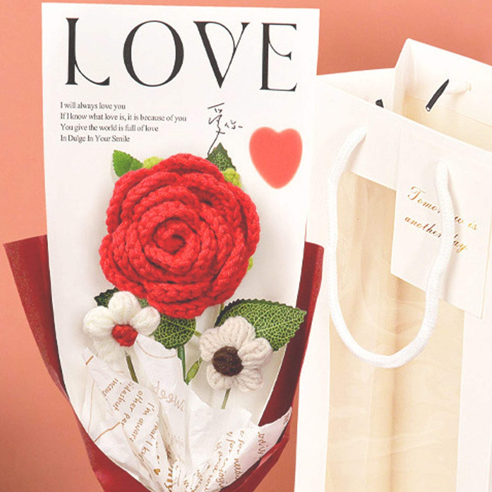 Rose Crochet Flower Valentine Gift for Wife Girlfriend 1 Rose 2 Daisies Gift Bag