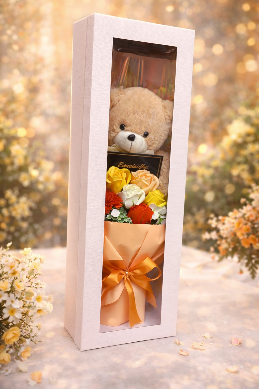 Teddy Bear Rose Flower Peach Bouquet Holiday Gift Box Anniversary Romantic Gift