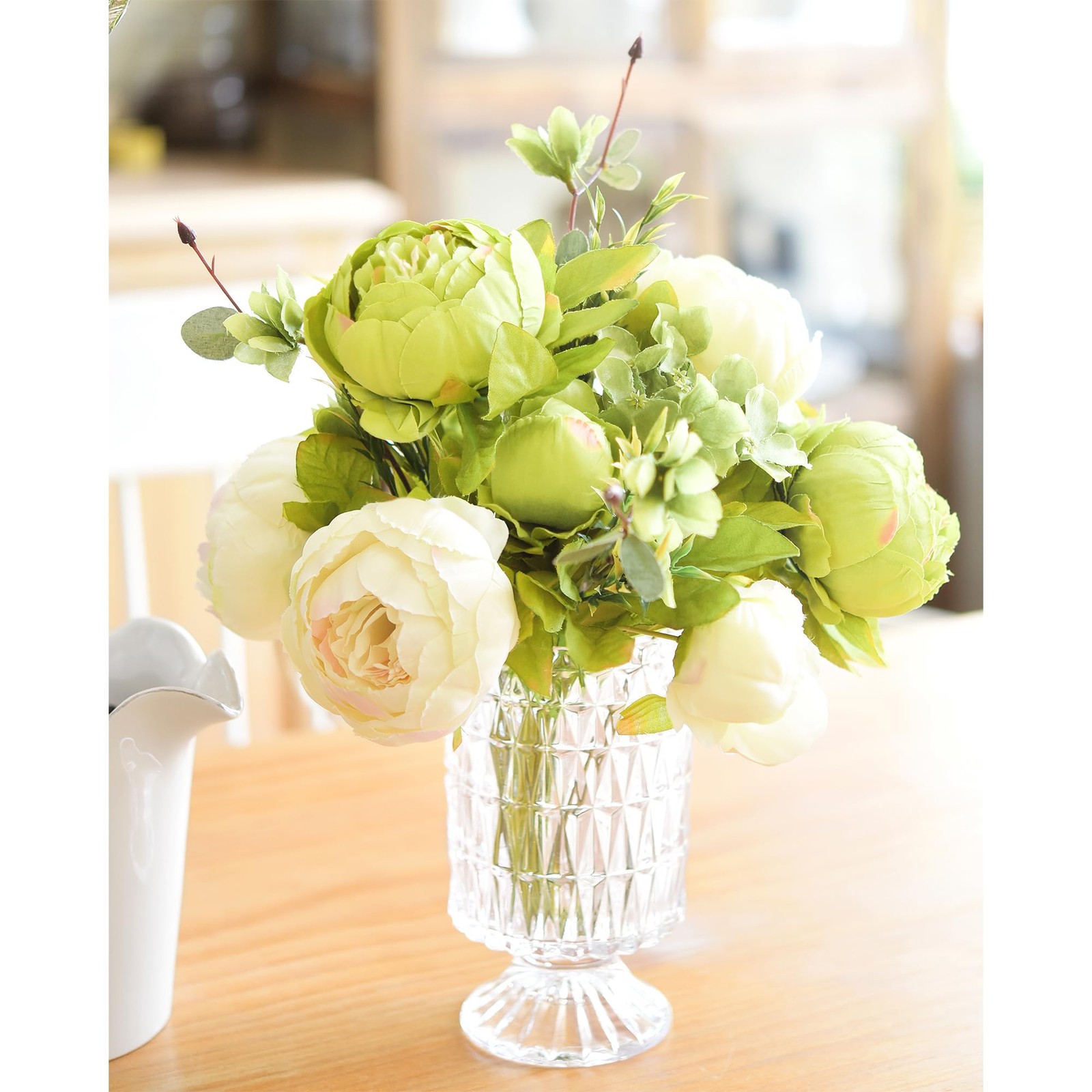 FiveSeasonStuff Artificial Peony Bouquets, 2 Cream Beige & Moss Green Silk Fl…