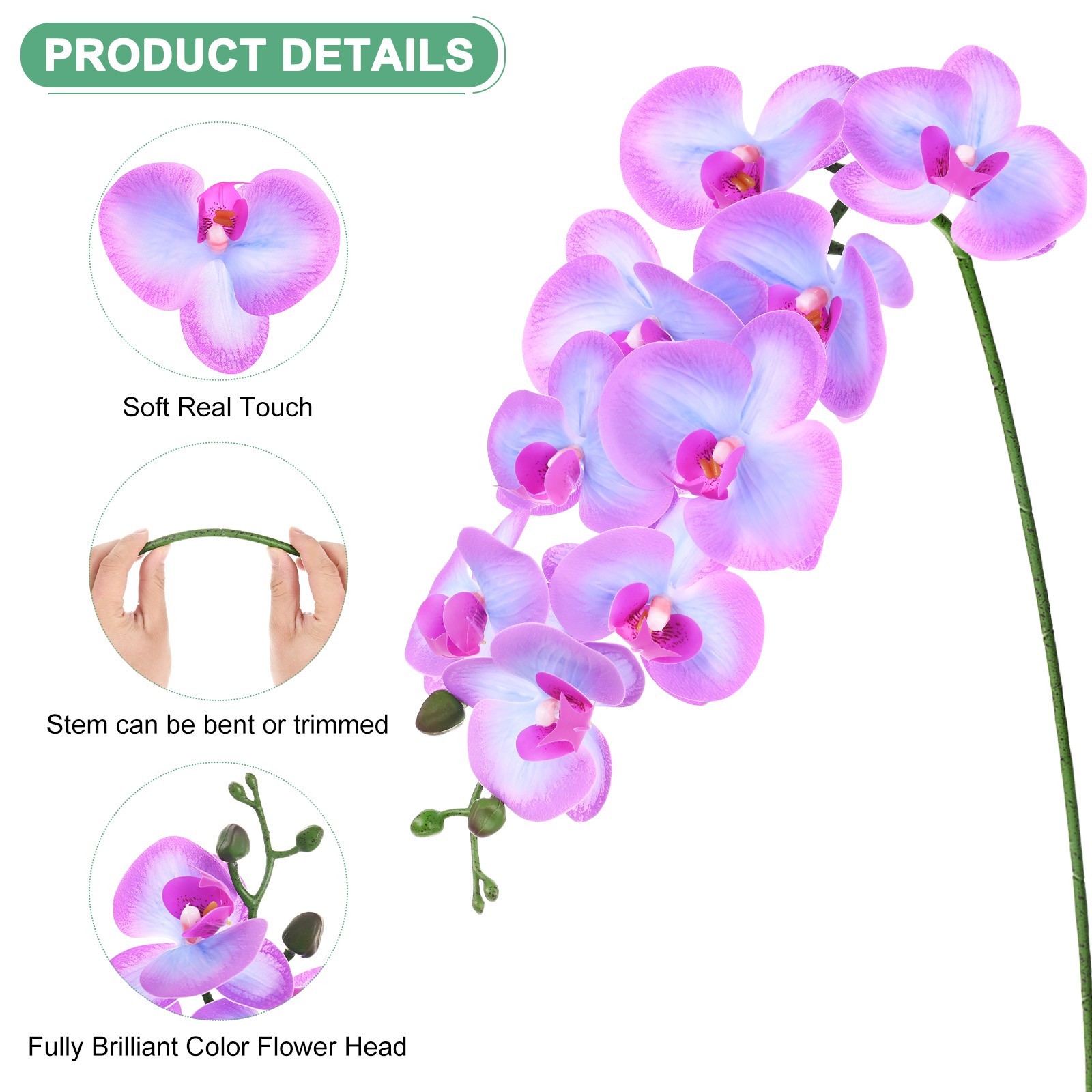 6-Pack Artificial Orchid Flowers 9 Large Petals for Home[Blue Purple]