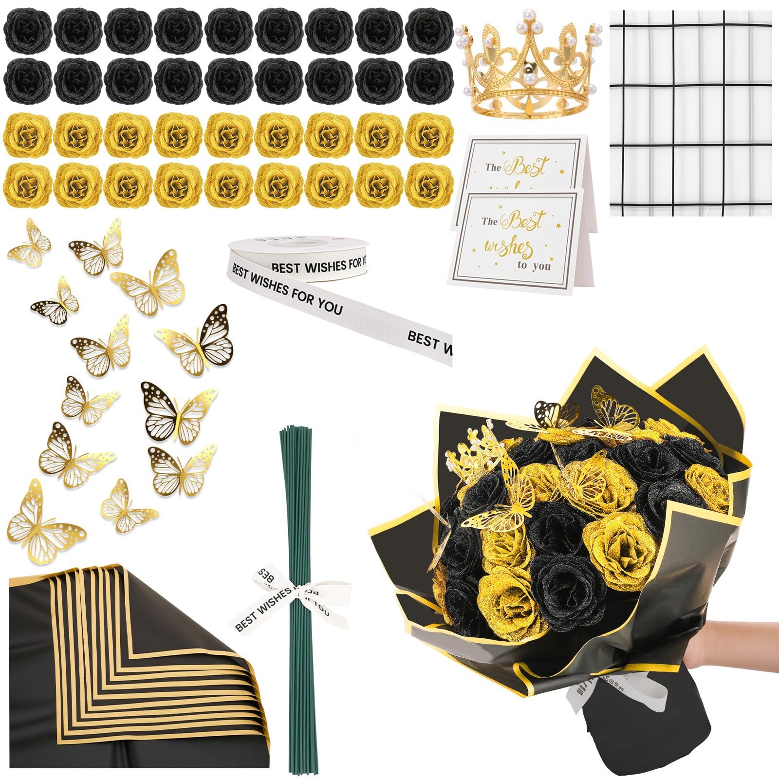 36 PCS Glitter Roses Bouquet Kit, Black, Gold Sparkling Flower Arrangement wi…