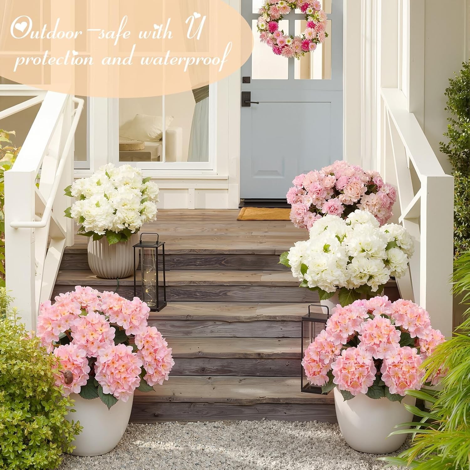 2 Pcs Pink & White Outdoor Artificial Hydrangea Stem Large Faux Hydrangea Bushes