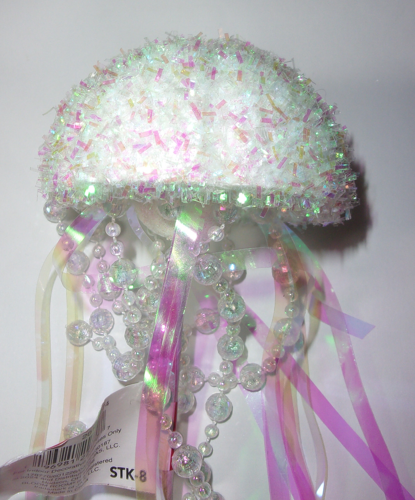 10” tall flower pick bouquet stick pink & white jelly fish ornament with beads