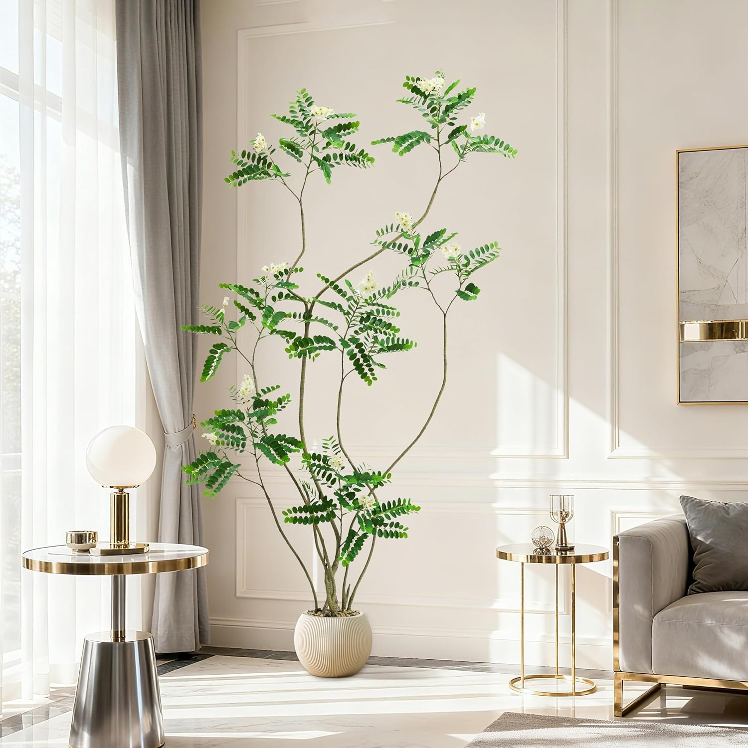Artificial Black Locust Tree 6FT Faux Floor Plant White Flower Beige Ribbed Plan