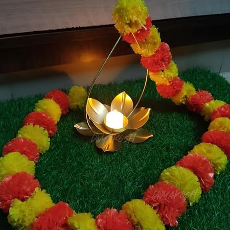 Hanging Brass Diya Set of 2 | 5FT Lotus Genda Tealight Holder Diwali Decor