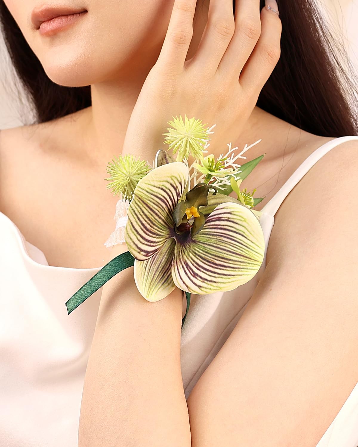 Wedding Bridal Prom Artificial Moth Orchid Ribbon Wristlet Corsage Green
