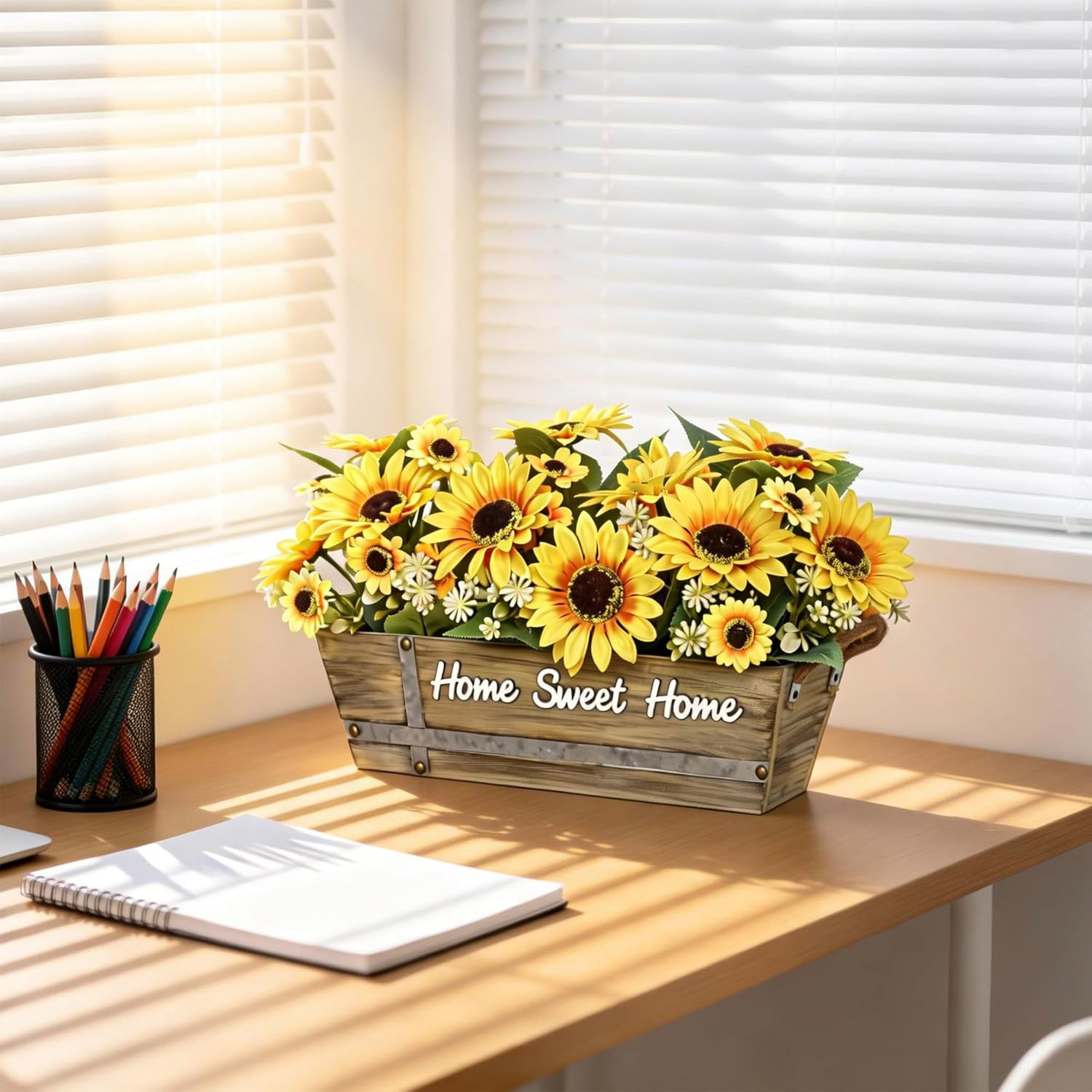 Artificial Sunflower Arrangement in Rustic Wood Box with “Home Sweet Home” Sign,