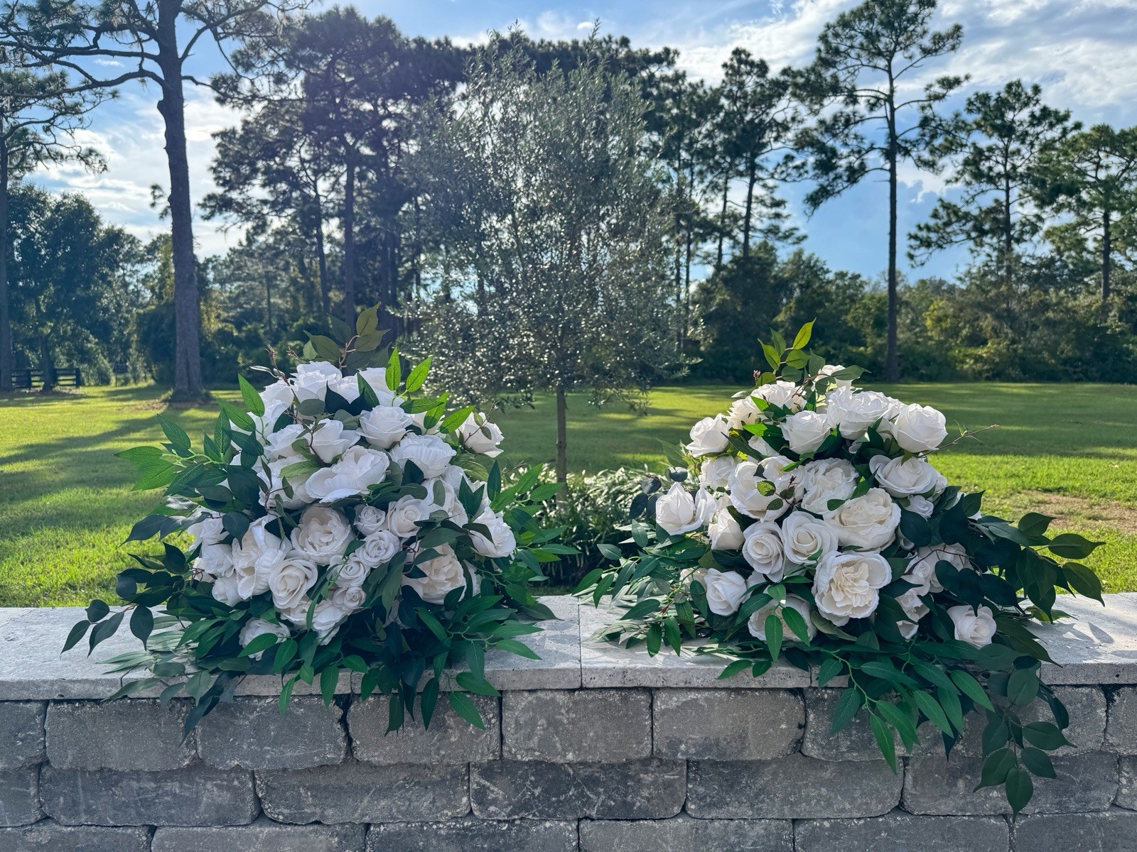 Faux Ivory Rose & Italian Ruscus Floral Arrangement x 2 Home Wedding Event Decor