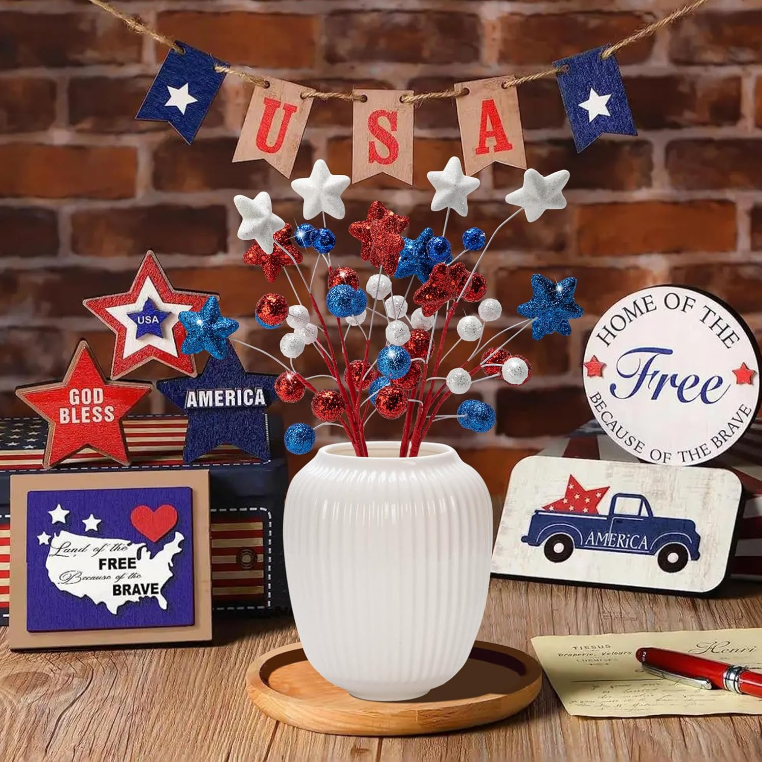 8 Pack 15″ Large Patriotic Glitter Ball Centerpiece Stems, Independence Day Arti