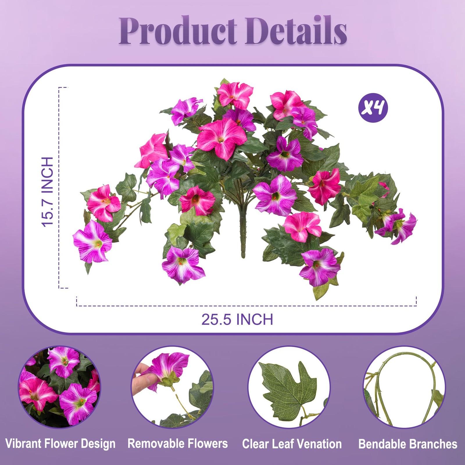 Ammyoo 4 Pcs Artificial Fake Petunia Flowers for Outdoor Decoration, Faux Sil…