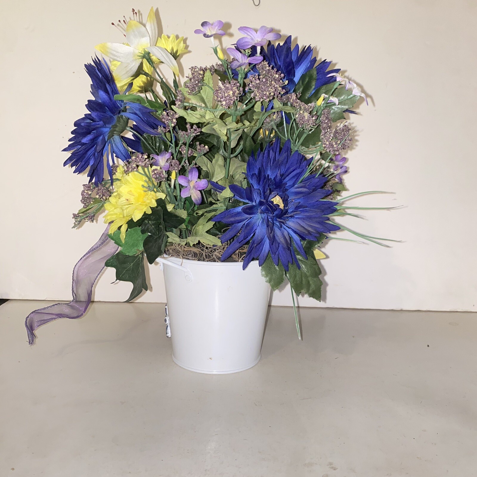 Blue Yellow & Purple Flower Arrangement in Rhinestone Jeweled Tin Planter
