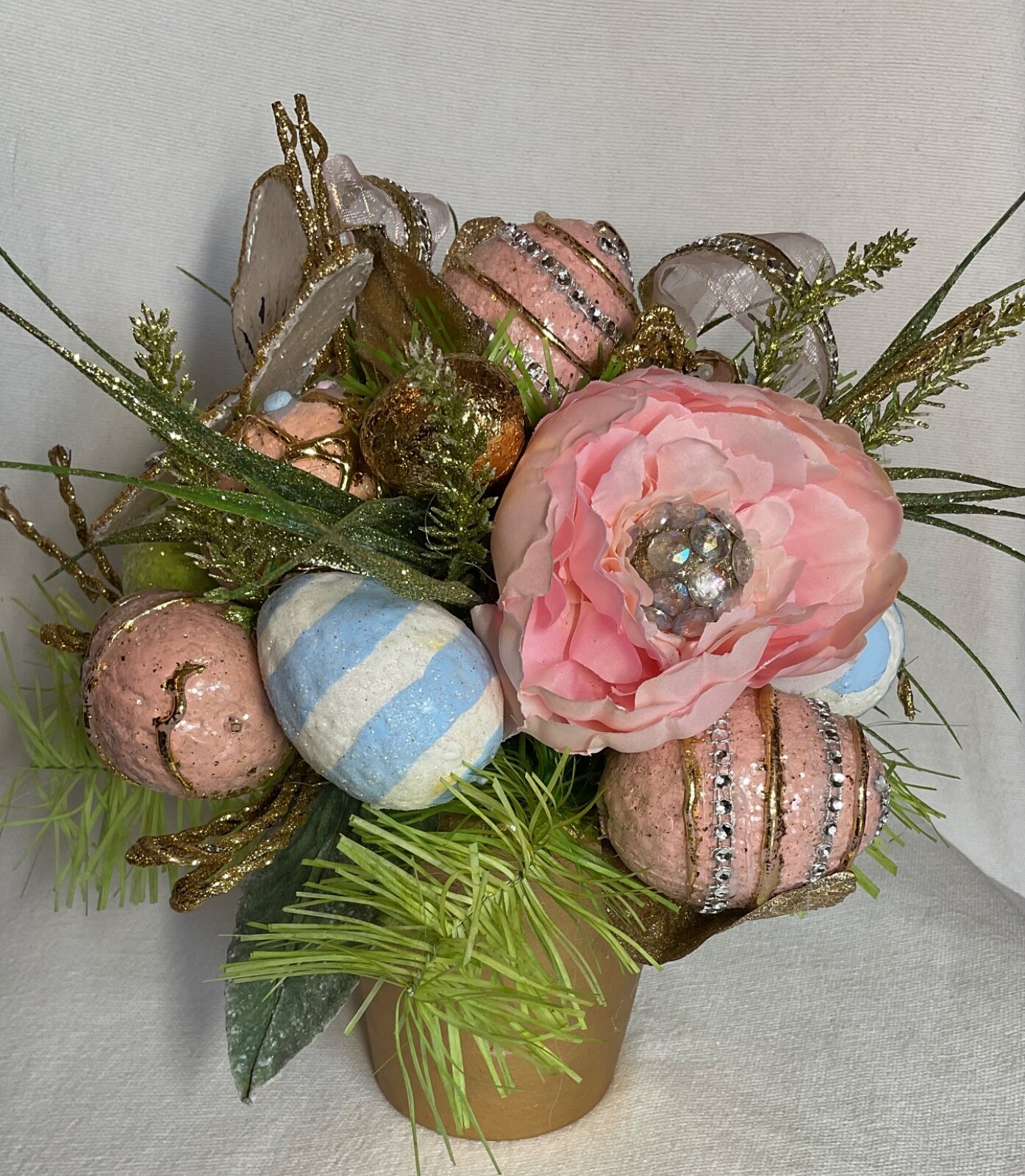 EASTER SPRING EGG FLOWER BUTTERFLY CAPIZ ARRANGEMANT 11 INCHES TALL PASTEL NWT