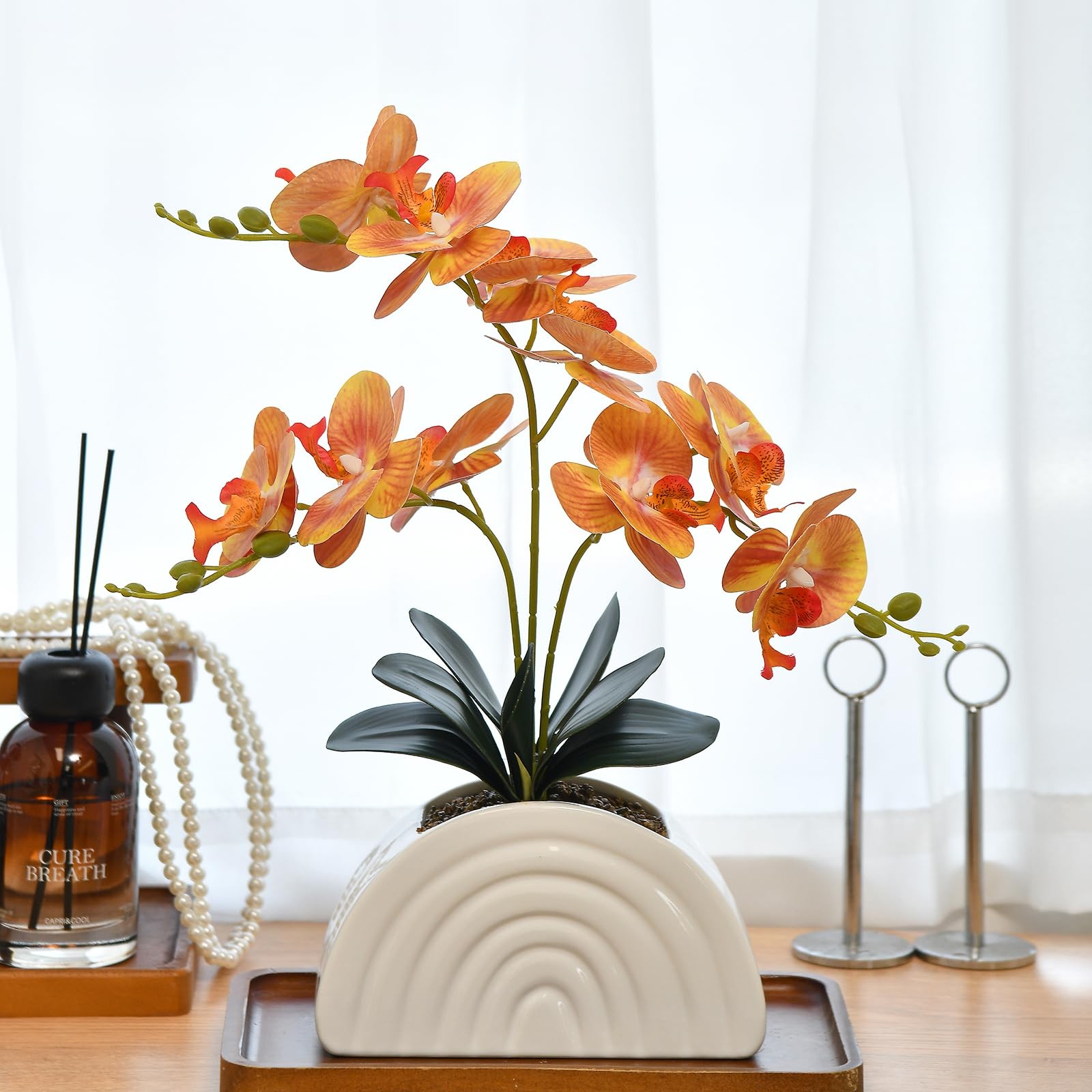 Artificial Orchid Plant In White Rainbow Pot Silk Phalaenopsis Flowers Orange