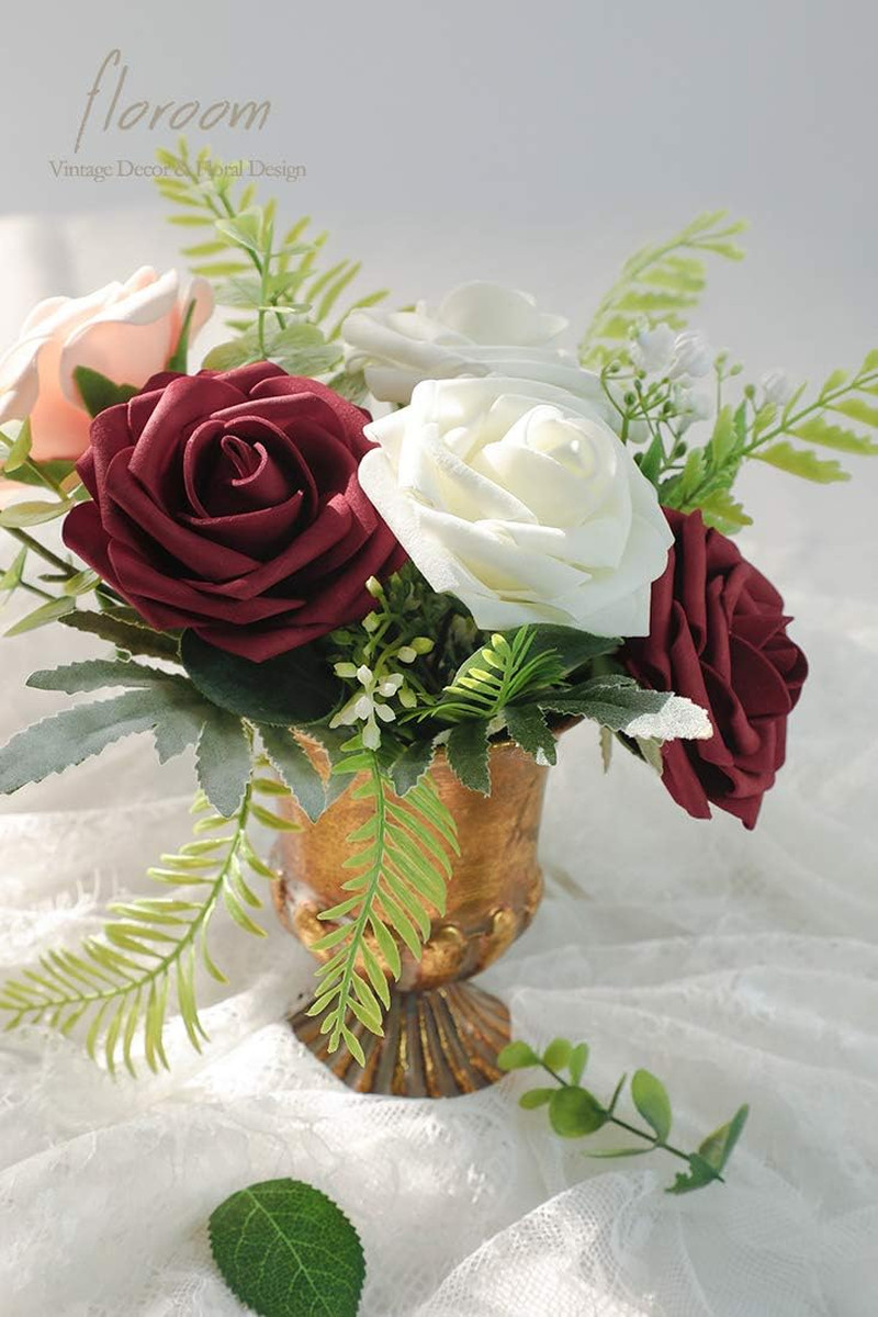 Artificial Flowers 25Pcs Real Looking Burgundy Foam Fake Roses with Stems for DI