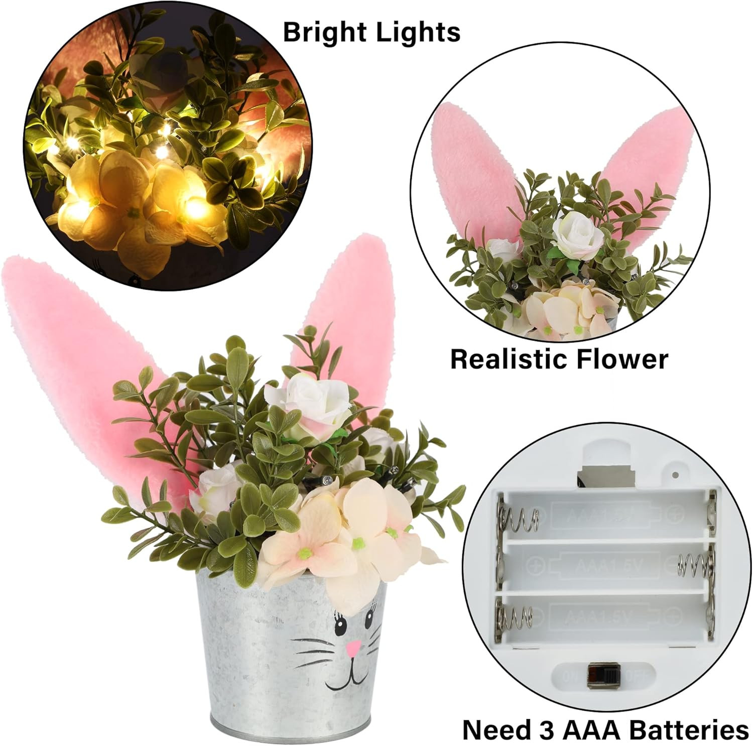 Easter Table Decorations Artificial Flower with Bunny Ear, Lighted Easter Desk D