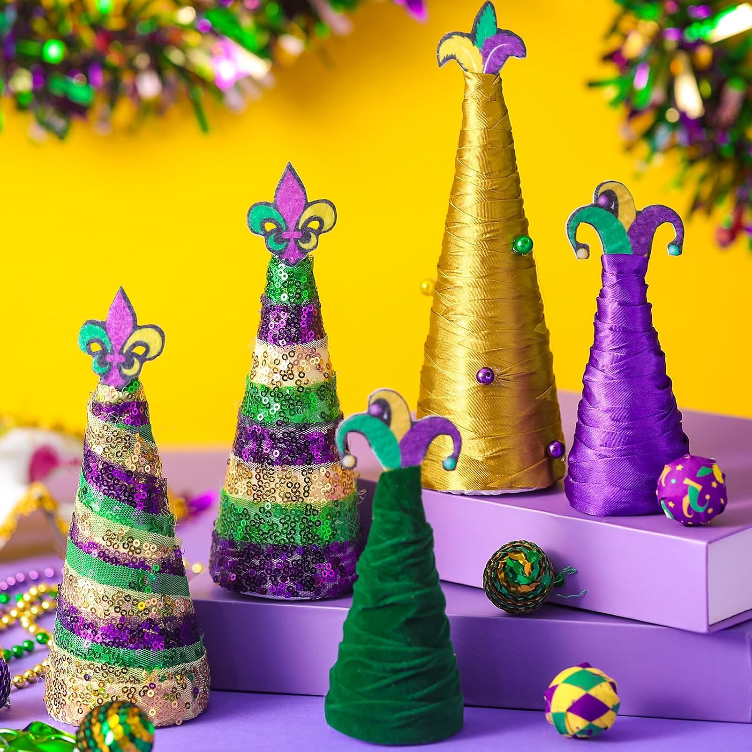 5 Pcs Mardi Gras Decorations Cone Tree Table Decor Yarn Wrapped Purple Green Gol