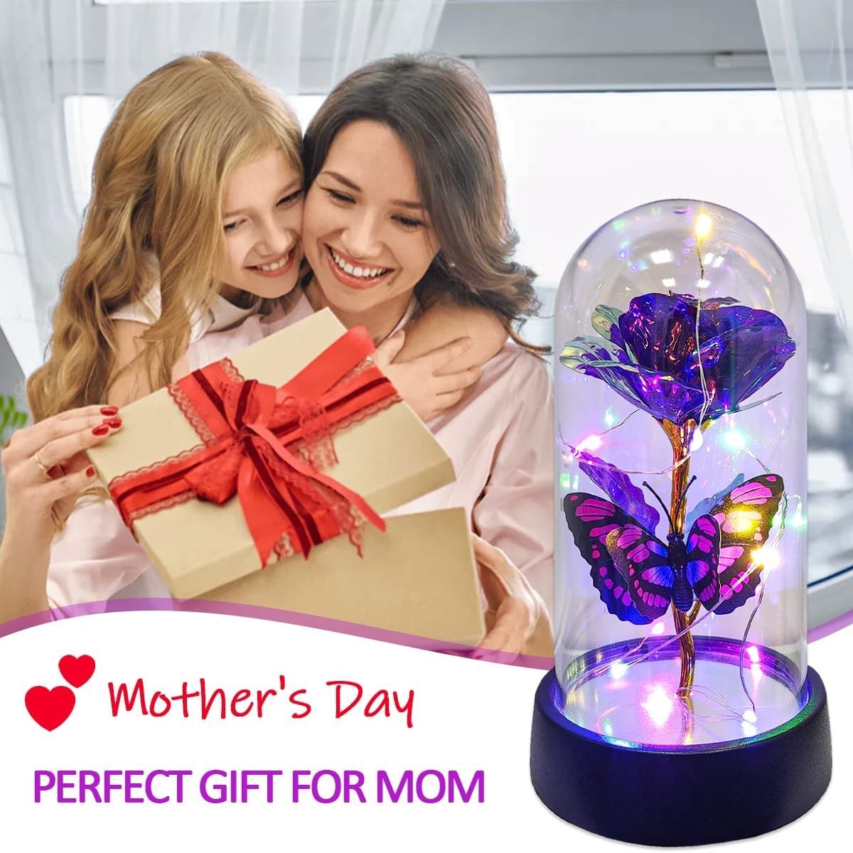 JUNQIU Mothers Day Rose Gifts for Mom, Glass Rose in Glass Dome, Light up Flower