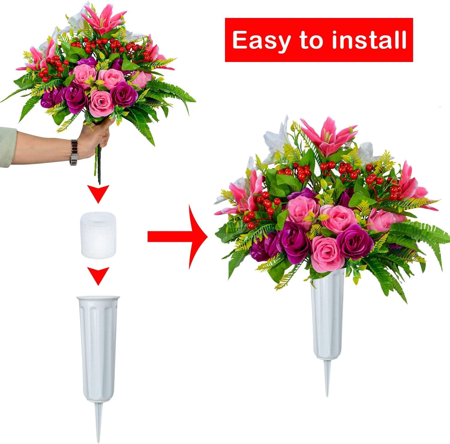 XONOR Artificial Cemetery Flowers with Vase, Set of 2 Artificial Rose Lily Bouqu