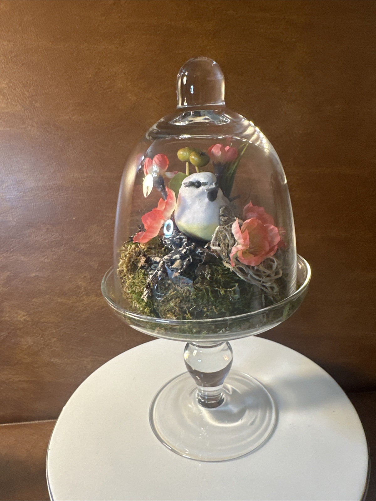 Artificial Vintage Floral Arrangement Glass Dome with Bird Nest, Pink 9”tall b