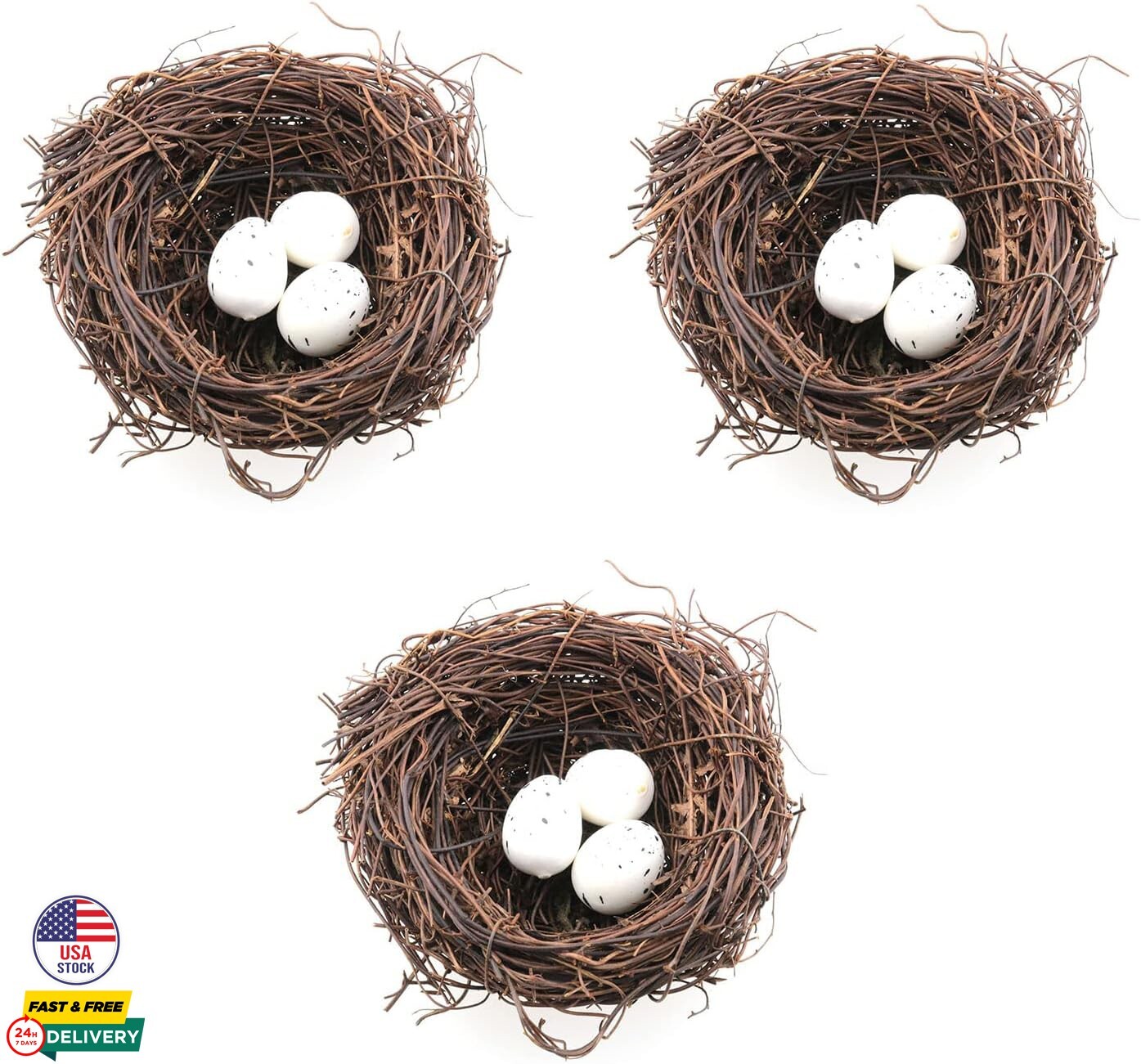 3PCS Bird Nest Artificial Rattan Bird Nest Crafts with 10PCS Foam Eggs DIY Décor