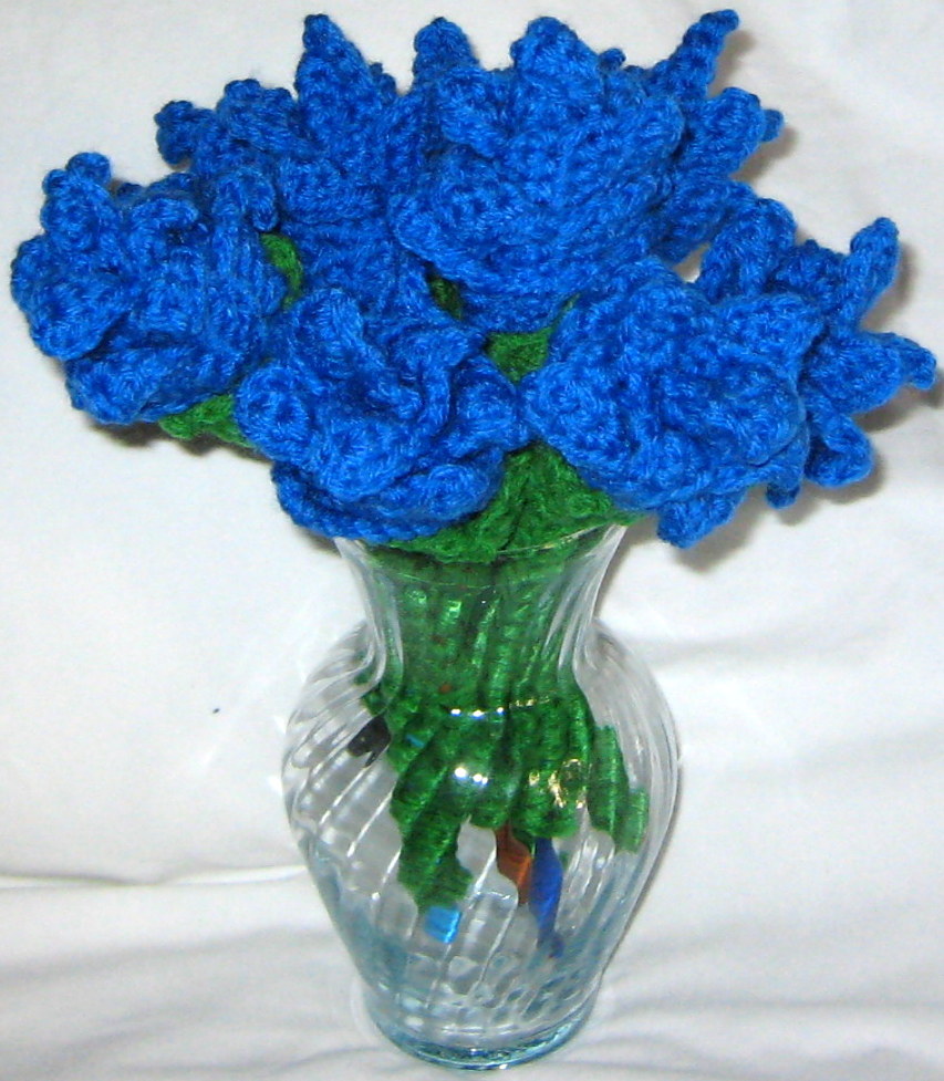7 HANDMADE Knit CROCHET Bouquet of LONG STEM Blue ROSES Flower FLORAL Home DECOR