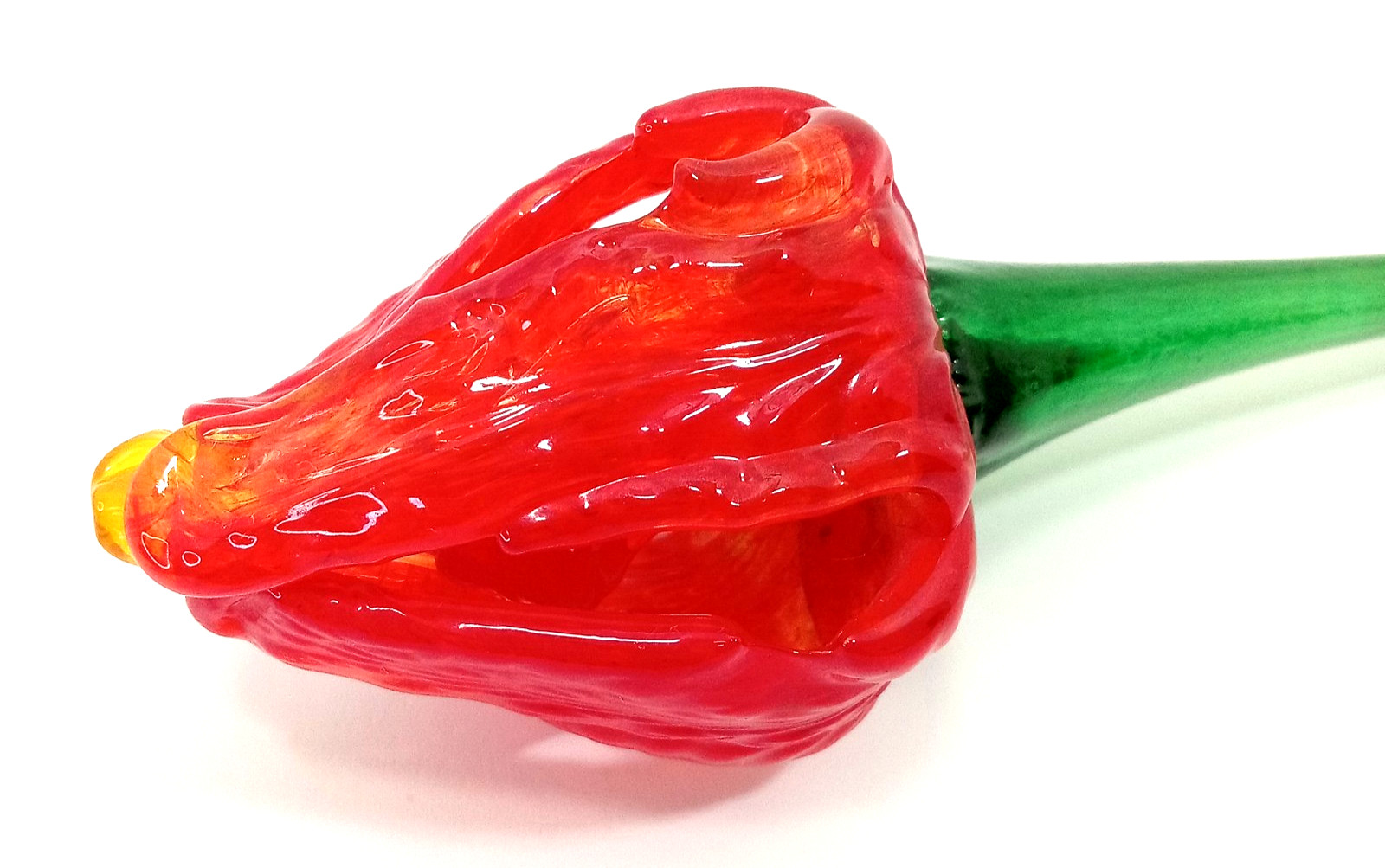 Vintage Blown Art Glass Long Stem Flower Red Bud Orange Center Ribbed Texture