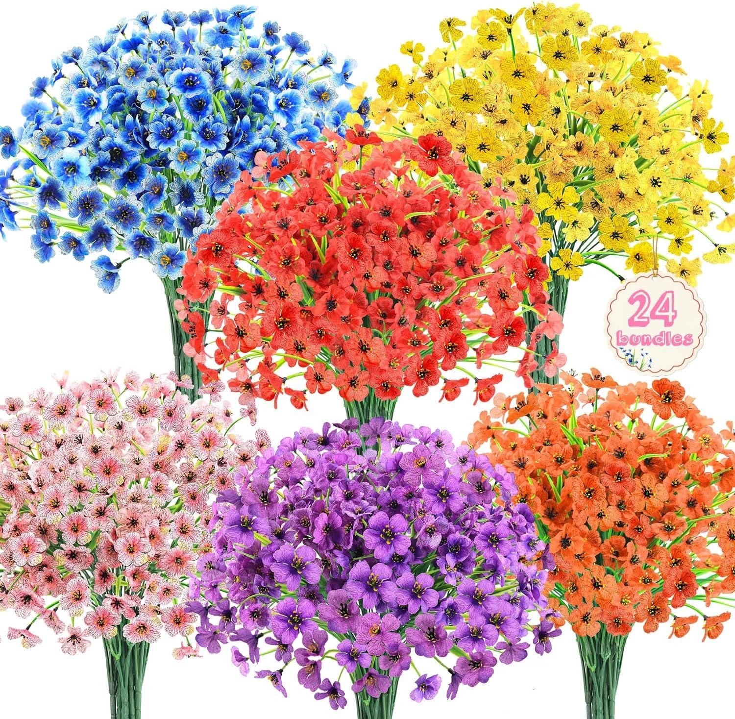 24 Bundles Artificial Flowers for Outdoors Fake Ferns UV Resistant Faux Spring