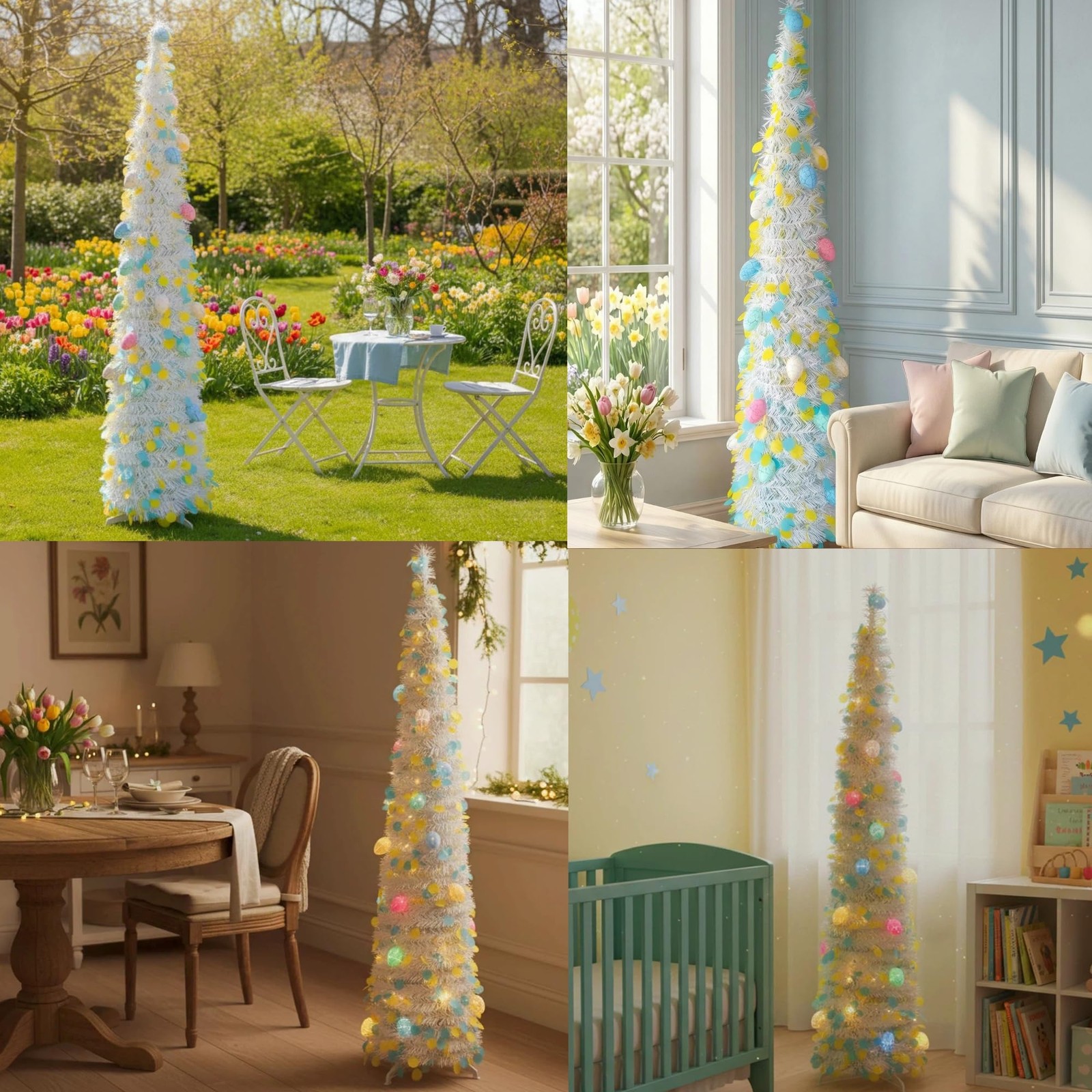 5Ft Lighted Easter Egg Tree 40 LED Colored Lights 20 Eggs Pop Up Tinsel