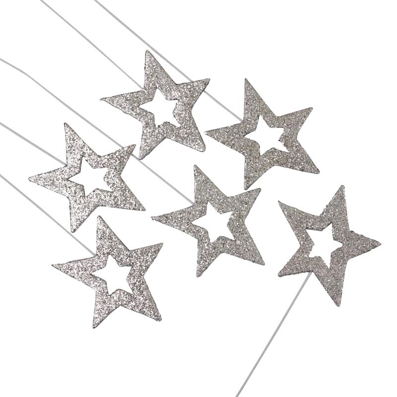 Silver Glittered Open Star Picks