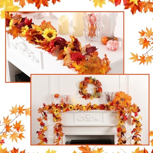 12 Pack 68ft Fall Garland with Sunflowers, Maple Leaves & Berries Orange Mixed