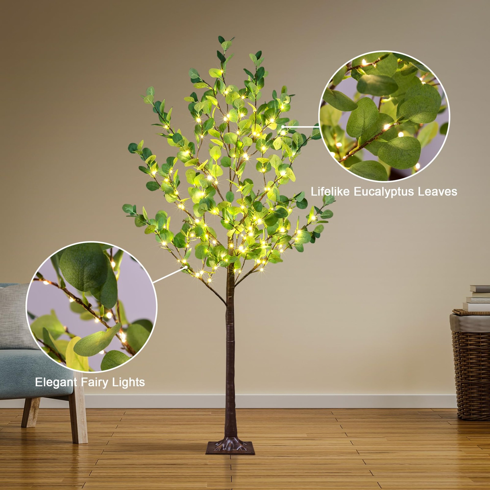 5FT Lighted Eucalyptus Tree 162L Warm White Artificial Greenery with Lights f…