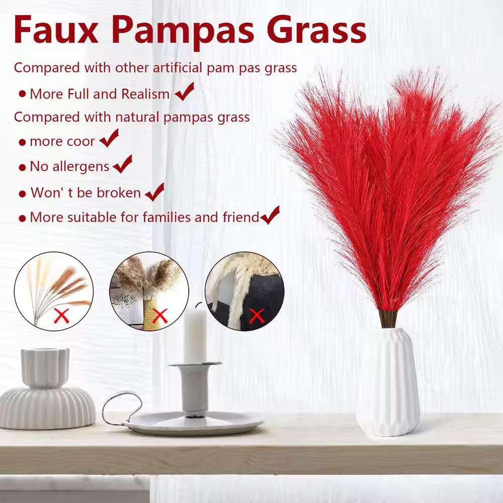1.81 in Dark Red Artificial Plant 5 Pcs Faux Pampas Grass Tall Fluffy Bulrush Re