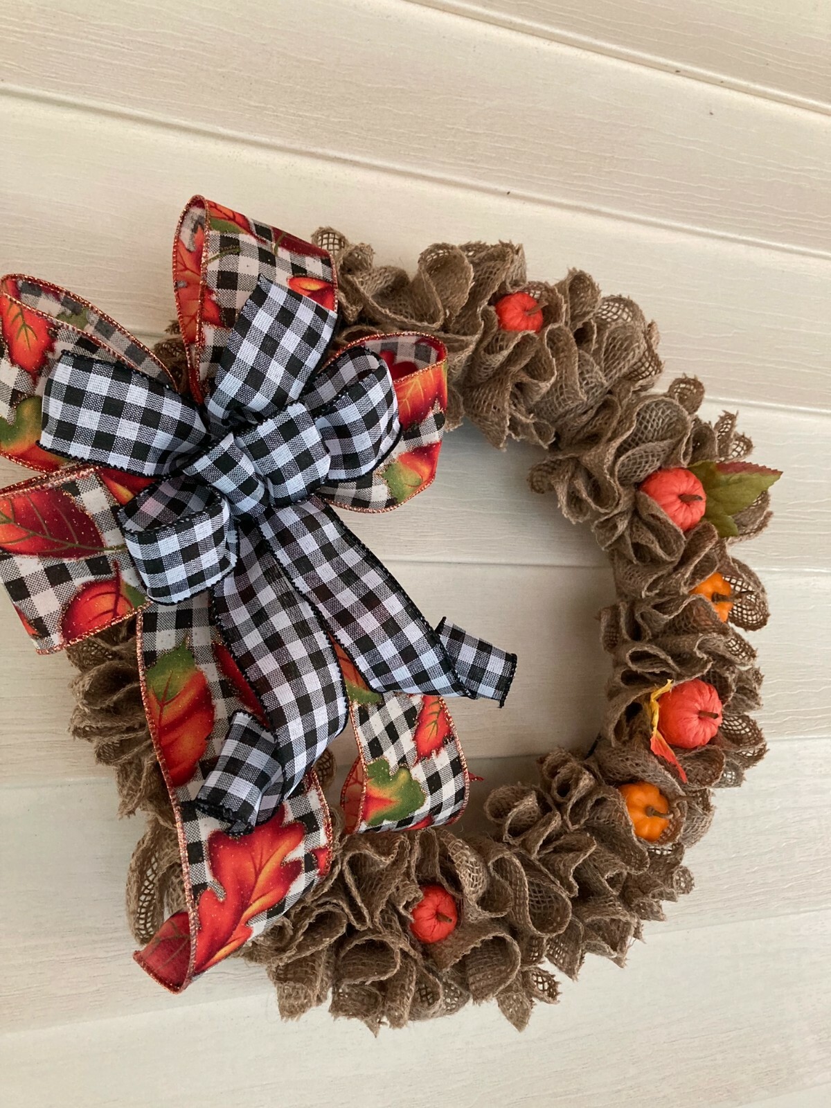 Burlap Ruffle Fall Wreath With Buffalo Check Plaid Bow 🎃 HANDMADE 🎃