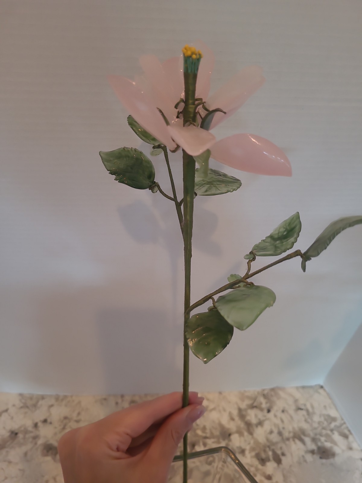 4-Vintage Porcelain Flowers With Plastic Stems Pink 25″ Long Stem
