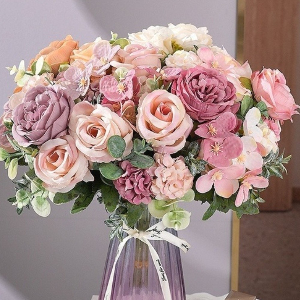 Artificial Silk Bouquet Roses Peonies Hydrangeas White Pink Mauve Purple