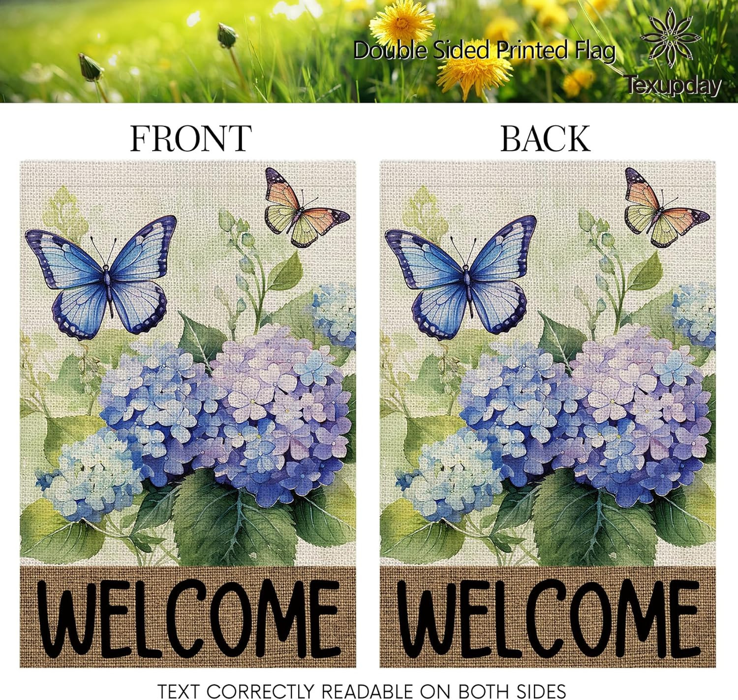Welcome Hydrangea Floral Butterfly Decoration Double Sided Vertical Burlap Garde