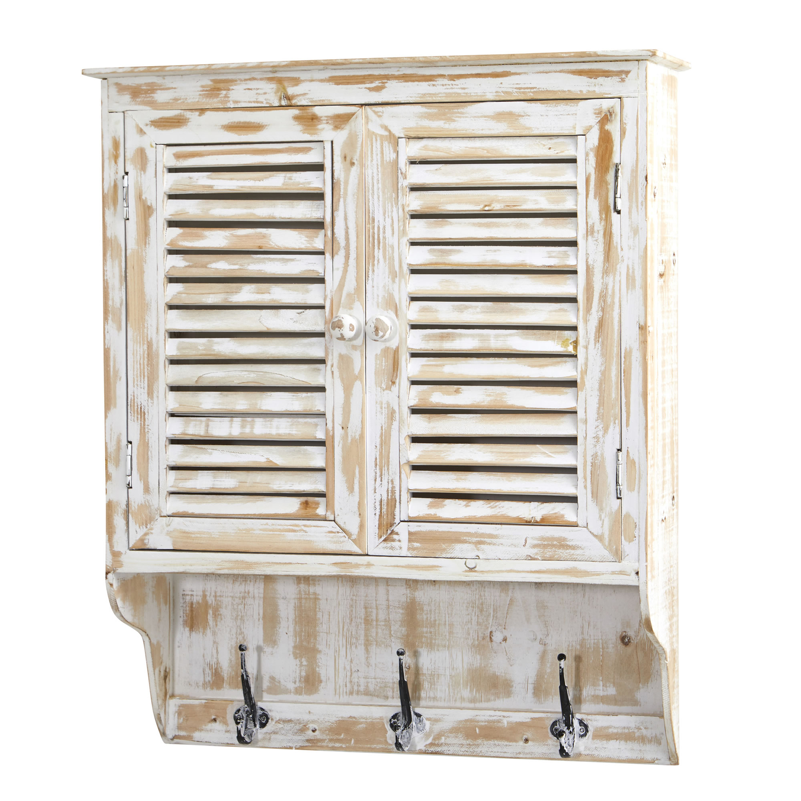32″ White Washed Wall Cabinet Two Door Drawer Hooks Hangable