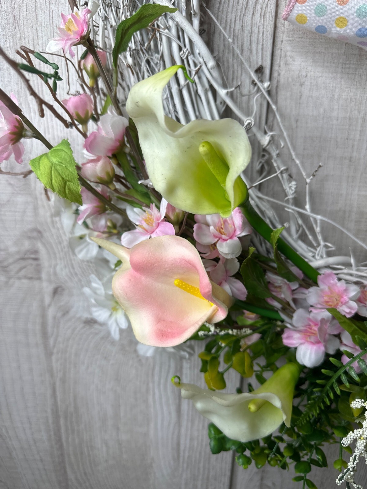 Handmade Floral Grapevine Rustic Wreath Pink Yellow Flowers Ferns w/ Ribbon Bow